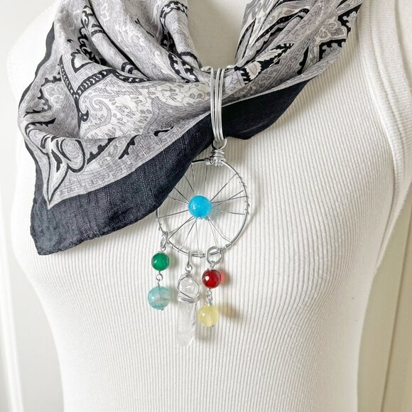 One-of Black & White Silk Bandanna w/ Gemstone Dreamcatcher Pendant Necklace Set - Picture 2 of 9